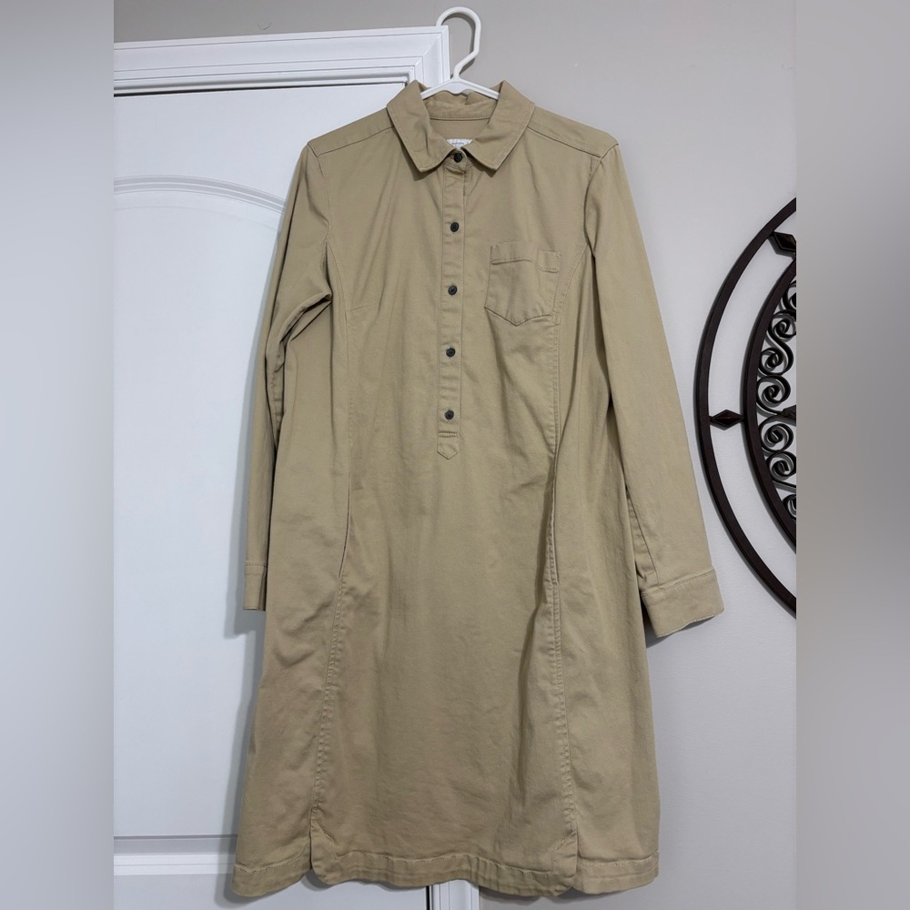J Jill Shirt Dress Khaki Tan Half Button Pockets Long Roll Sleeve Live-In-Chino